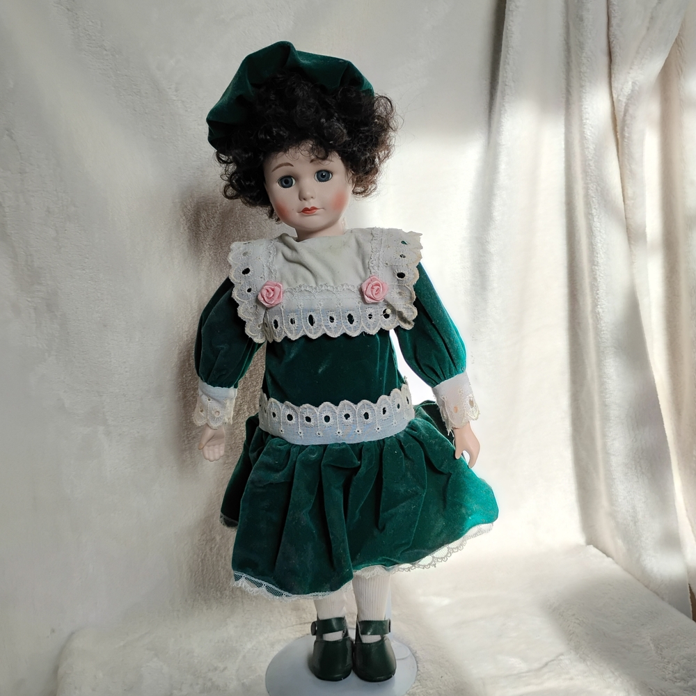 A Girl Thing Green Velvet Doll with Lace Accents